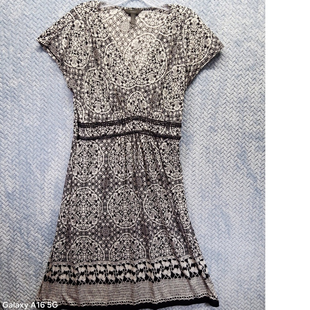 Soma Intimates Womens Medium Black White Lace Print Empire Waist Nightgown Dress